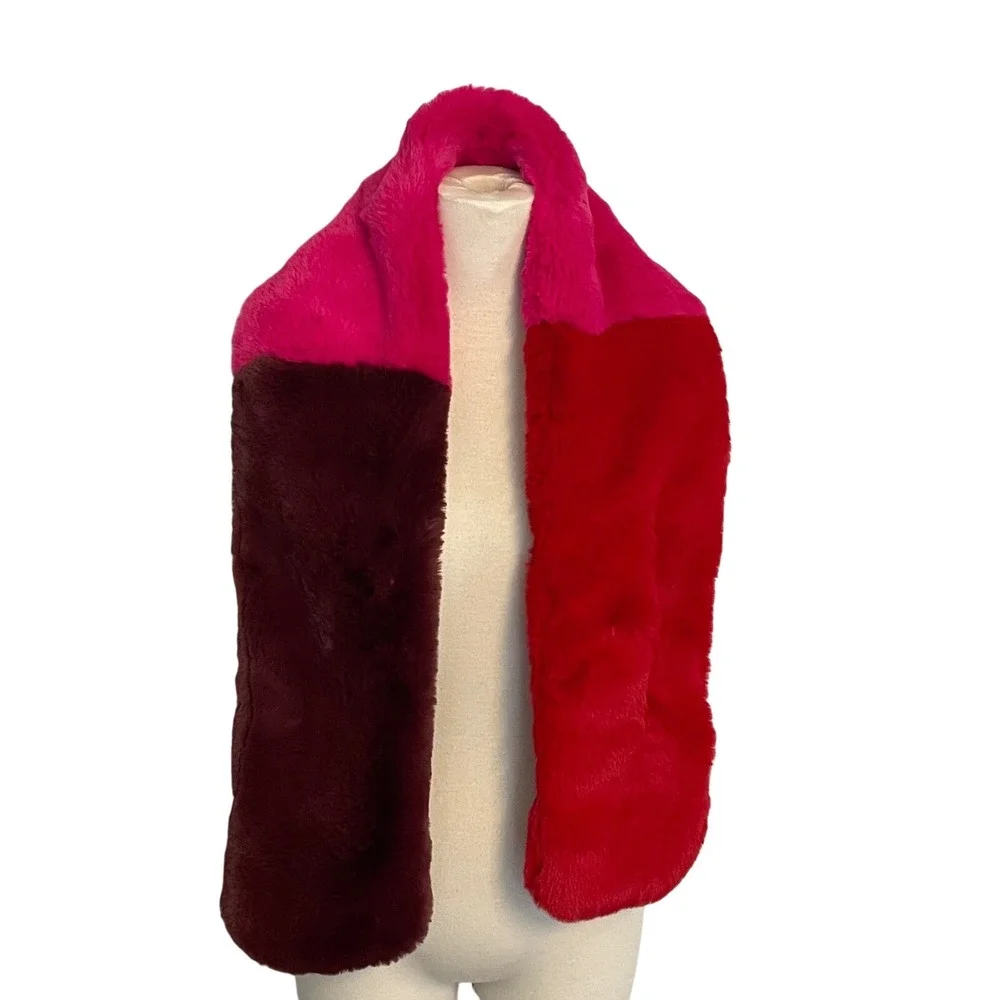 Saks Fifth Avenue Faux‎ Fur Color Block Scarf Pink Red Burgundy One Size